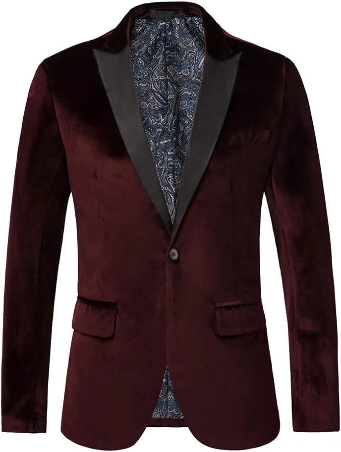 THWEI Mens Velvet Blazer Slim Fit Suit Jacket One Button Tuxedo Blazer Wedding Prom Dinner