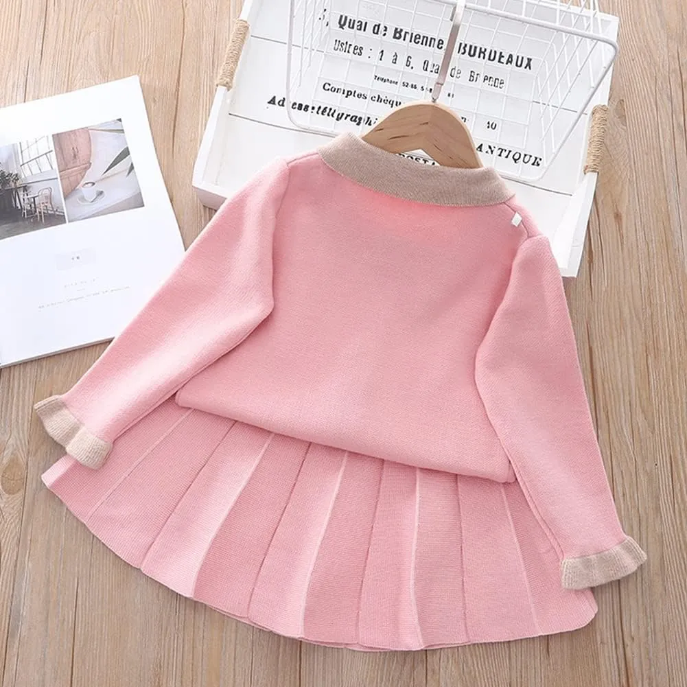 Toddler Girls Fall Winter Outfit Knitted Buttons Sweater Top Mini Skirt Ruffle Long Sleeve Tutu Dress 2PCS Clothes Set