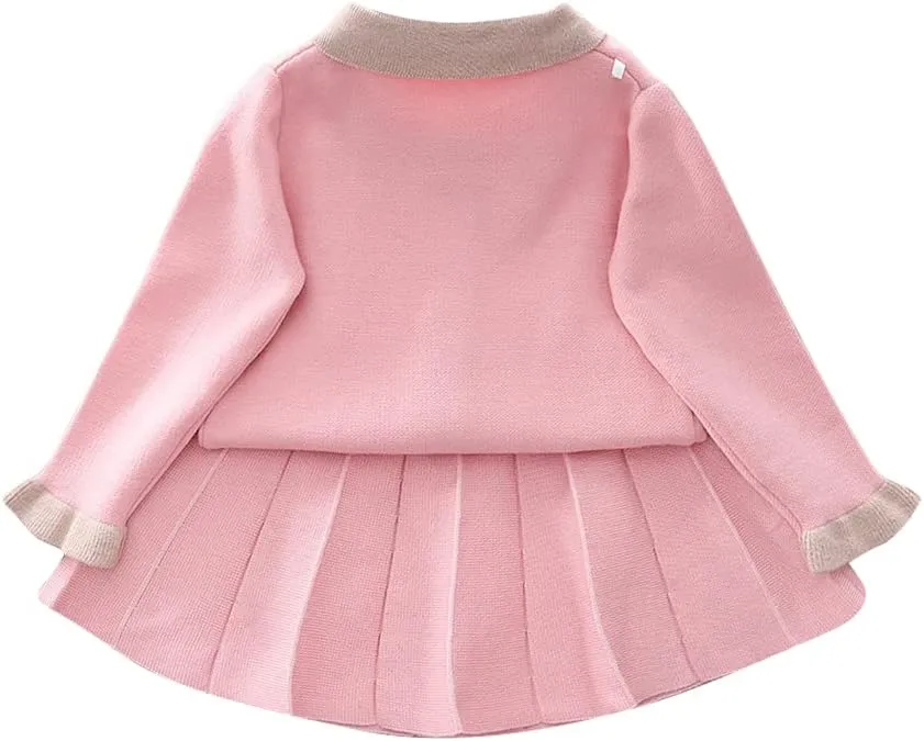 Toddler Girls Fall Winter Outfit Knitted Buttons Sweater Top Mini Skirt Ruffle Long Sleeve Tutu Dress 2PCS Clothes Set