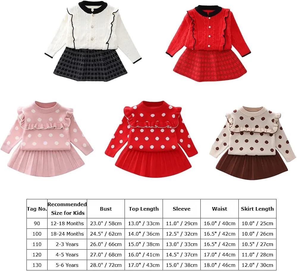 Toddler Girls Fall Winter Outfit Knitted Buttons Sweater Top Mini Skirt Ruffle Long Sleeve Tutu Dress 2PCS Clothes Set