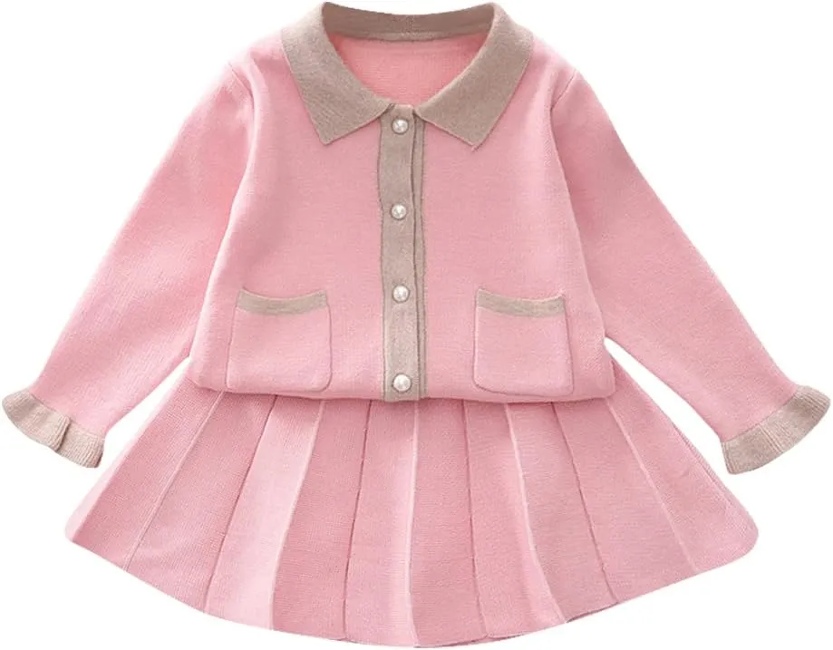 Toddler Girls Fall Winter Outfit Knitted Buttons Sweater Top Mini Skirt Ruffle Long Sleeve Tutu Dress 2PCS Clothes Set