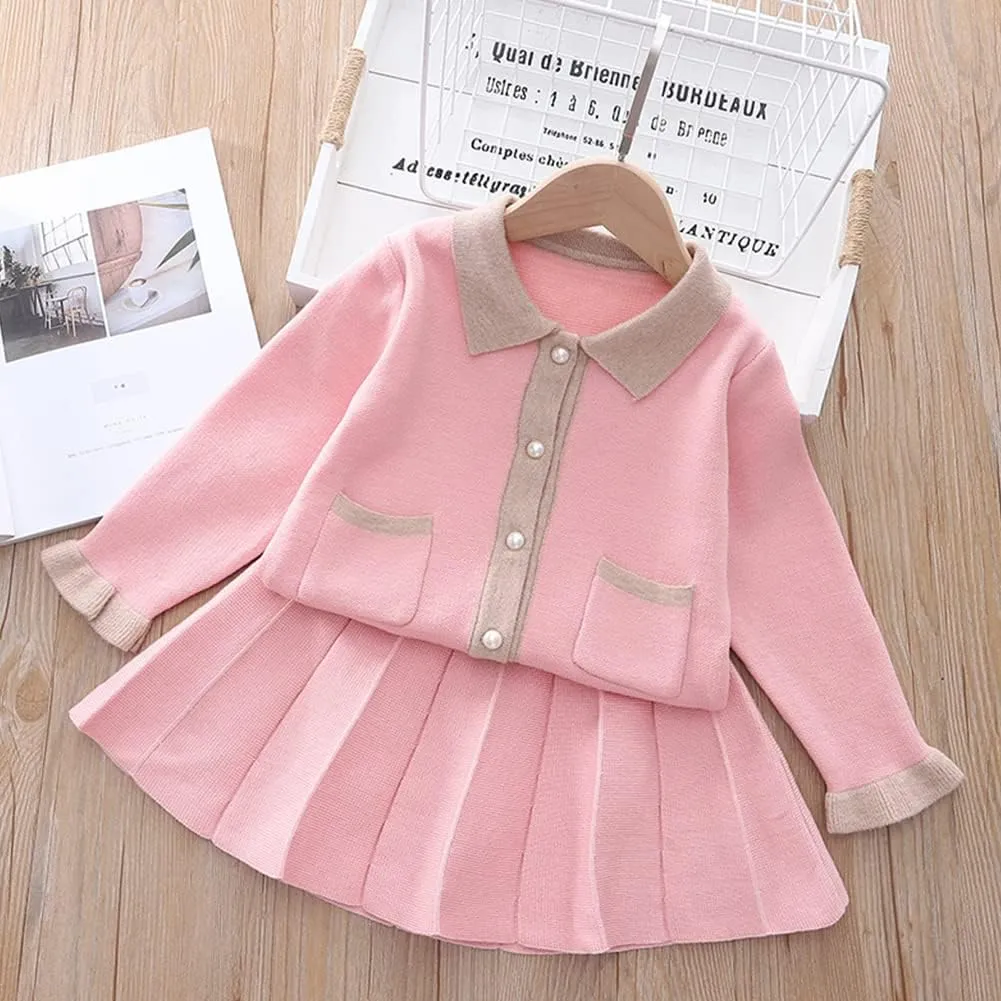 Toddler Girls Fall Winter Outfit Knitted Buttons Sweater Top Mini Skirt Ruffle Long Sleeve Tutu Dress 2PCS Clothes Set
