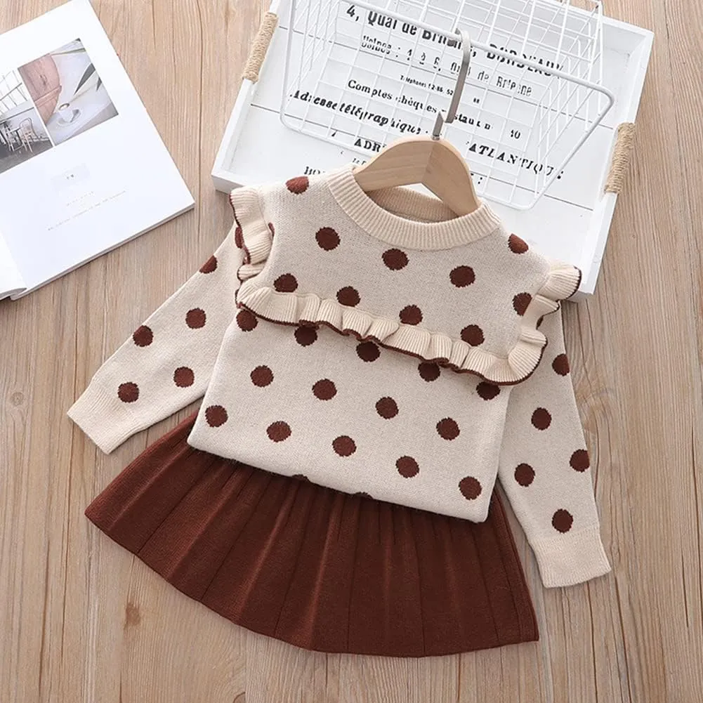 Toddler Girls Fall Winter Outfit Knitted Buttons Sweater Top Mini Skirt Ruffle Long Sleeve Tutu Dress 2PCS Clothes Set