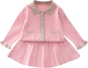 Toddler Girls Fall Winter Outfit Knitted Buttons Sweater Top Mini Skirt Ruffle Long Sleeve Tutu Dress 2PCS Clothes Set