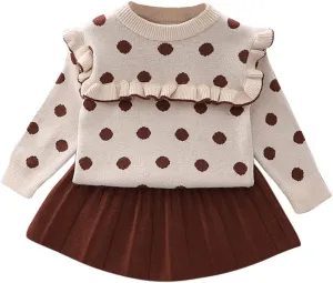 Toddler Girls Fall Winter Outfit Knitted Buttons Sweater Top Mini Skirt Ruffle Long Sleeve Tutu Dress 2PCS Clothes Set