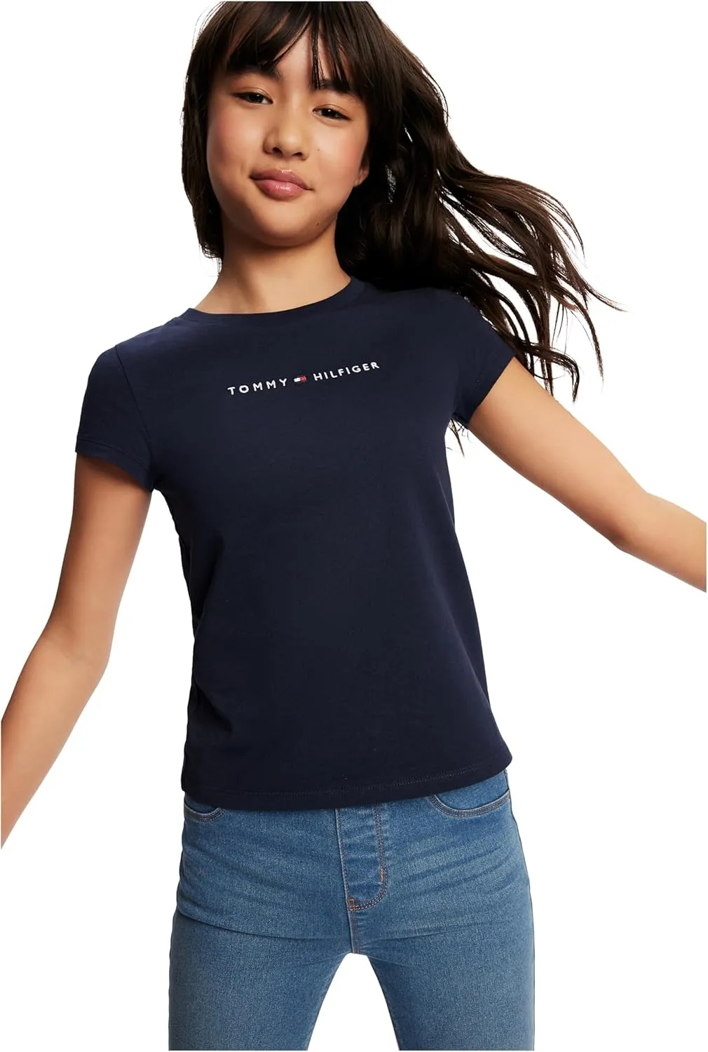 Tommy Hilfiger Girl's Short Sleeve T-shirt With Flag Logo, Cotton Blend Tee With Tagless Interior
