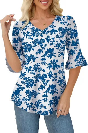 Tralilbee Women's Plus Size 3/4 Sleeve Tunic Tops V-Neck Casual Blouses Loose Fit Tunic Shirts, L-4XL