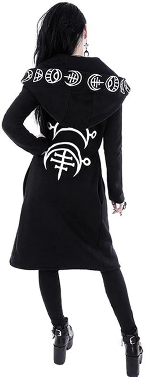 tuduoms Black Punk Gothic Hoodie Women Long Sleeve Zip Up Hoodie Moon Jacket Top Long Sweatshirts Plus Size Y2k Goth Clothing
