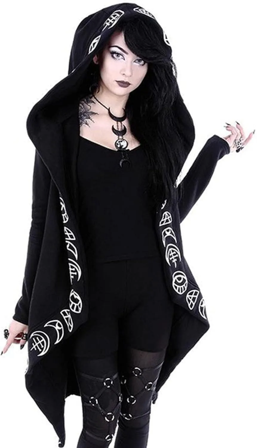 tuduoms Black Punk Gothic Hoodie Women Long Sleeve Zip Up Hoodie Moon Jacket Top Long Sweatshirts Plus Size Y2k Goth Clothing
