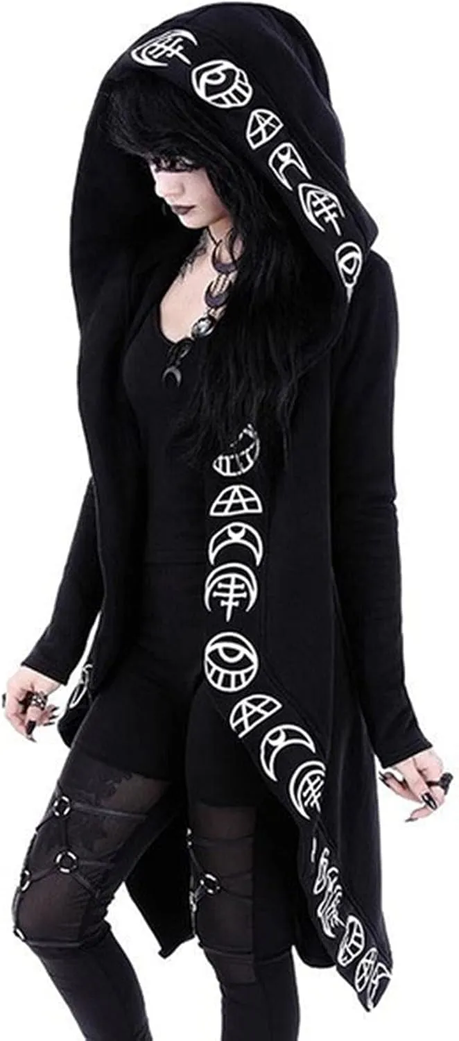 tuduoms Black Punk Gothic Hoodie Women Long Sleeve Zip Up Hoodie Moon Jacket Top Long Sweatshirts Plus Size Y2k Goth Clothing