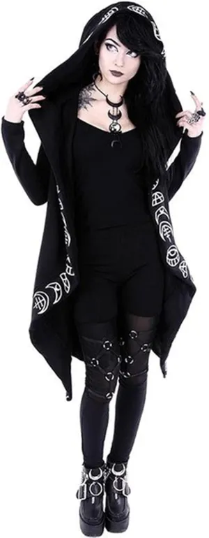 tuduoms Black Punk Gothic Hoodie Women Long Sleeve Zip Up Hoodie Moon Jacket Top Long Sweatshirts Plus Size Y2k Goth Clothing