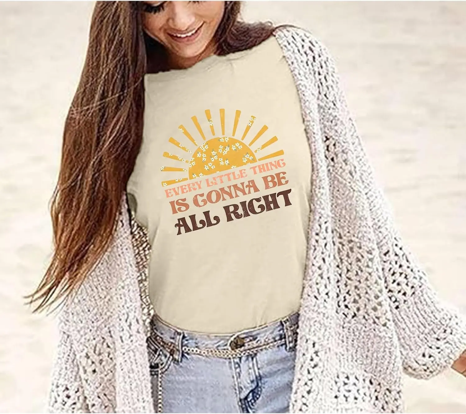 Tuislay Every Little Thing is Gonna Be Alright Shirt Country Music Inspirational Shirts for Women Vintage Graphic Boho Tees