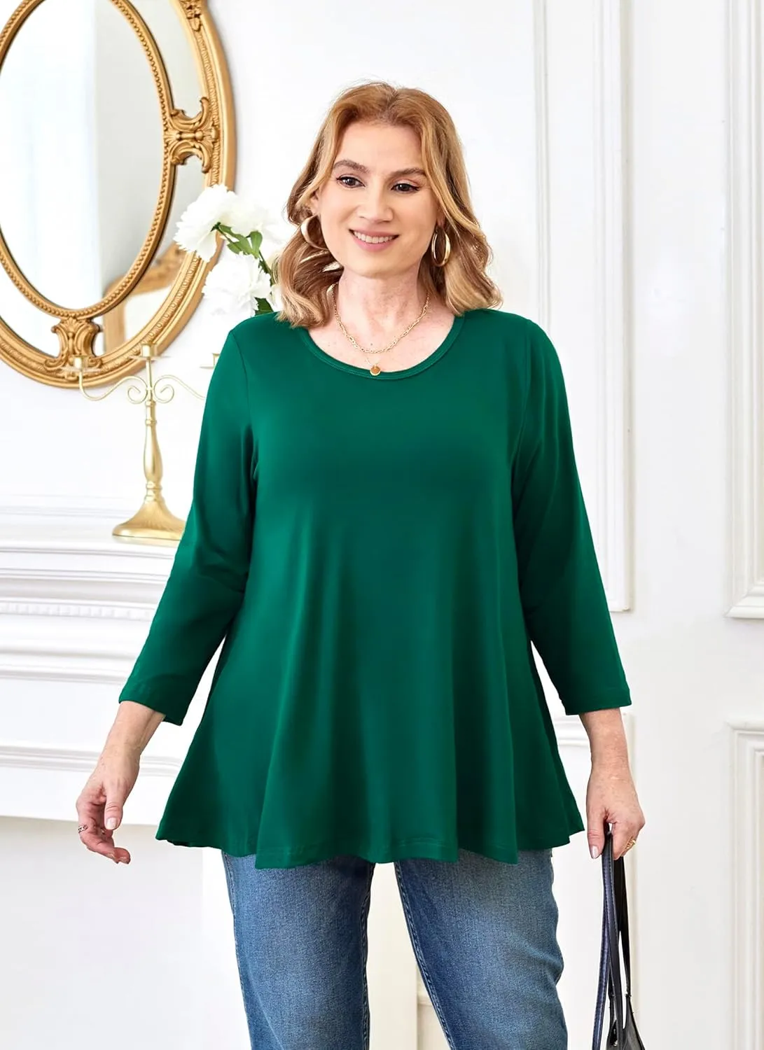 Tunic Tops for Women Plus Size 3/4 Sleeve Crew Neck Swing Flare Loose T-Shirt Blouses to Wear with Leggings