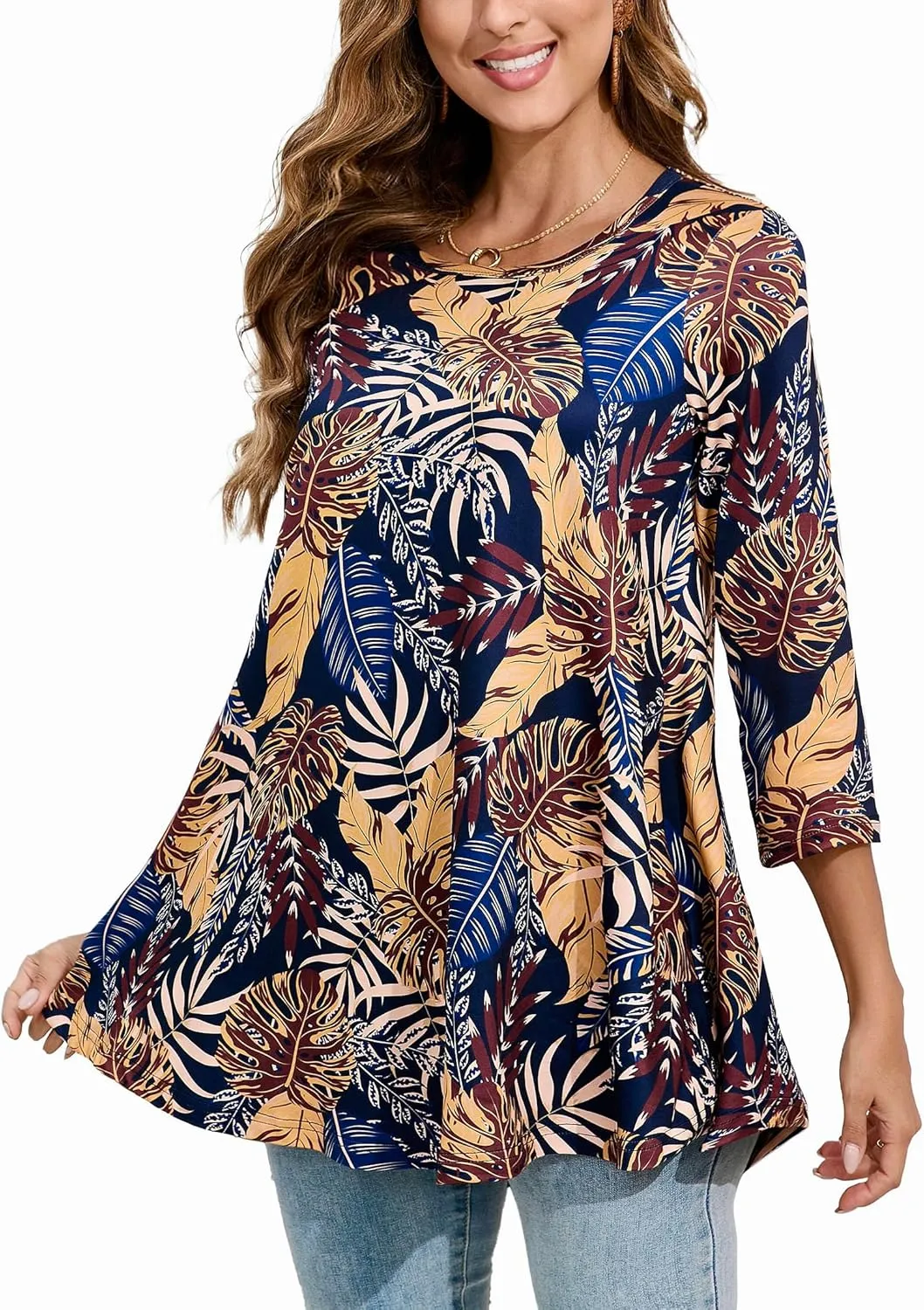 Tunic Tops for Women Plus Size 3/4 Sleeve Crew Neck Swing Flare Loose T-Shirt Blouses to Wear with Leggings
