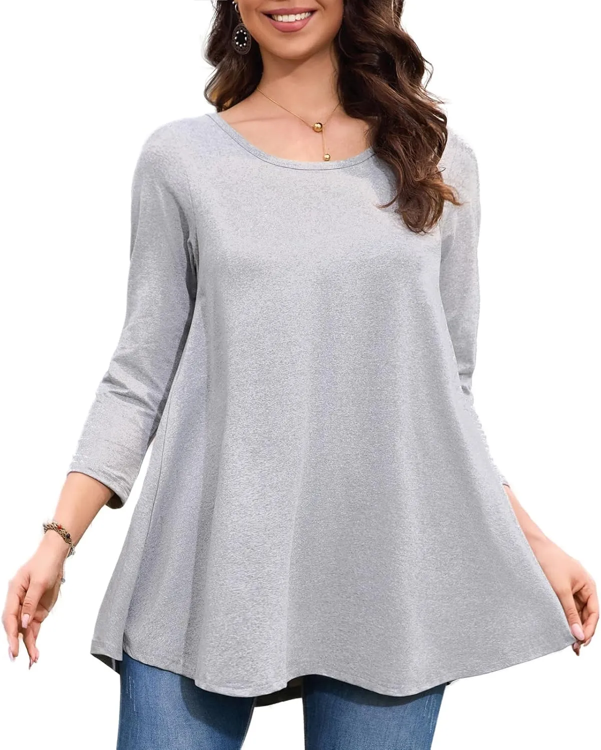 Tunic Tops for Women Plus Size 3/4 Sleeve Crew Neck Swing Flare Loose T-Shirt Blouses to Wear with Leggings