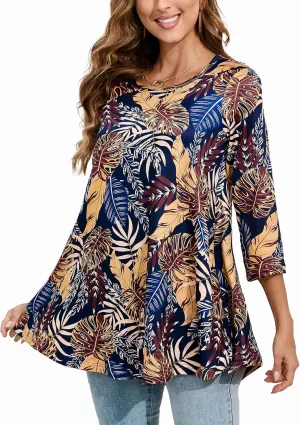 Tunic Tops for Women Plus Size 3/4 Sleeve Crew Neck Swing Flare Loose T-Shirt Blouses to Wear with Leggings