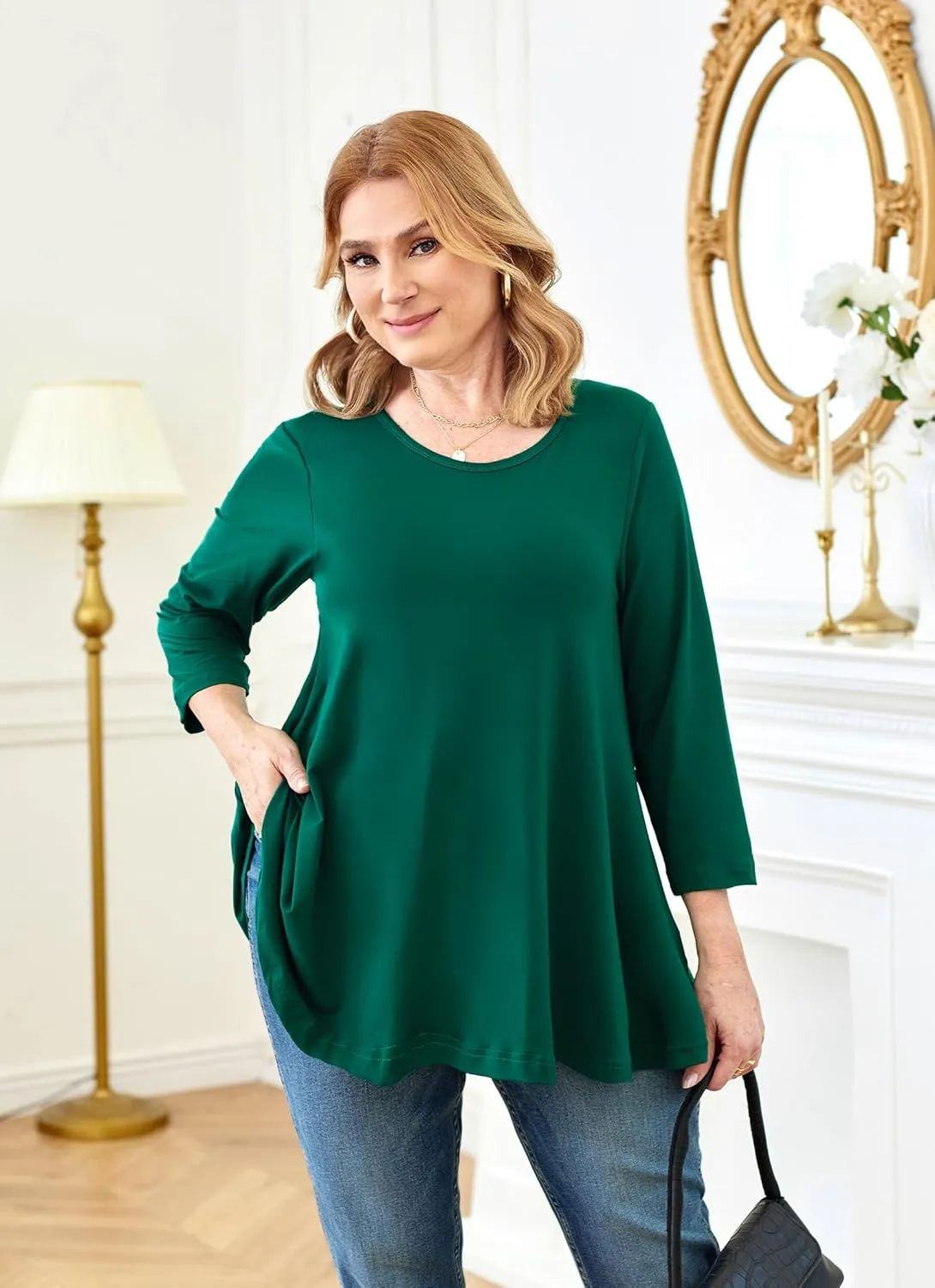 Tunic Tops for Women Plus Size 3/4 Sleeve Crew Neck Swing Flare Loose T-Shirt Blouses to Wear with Leggings