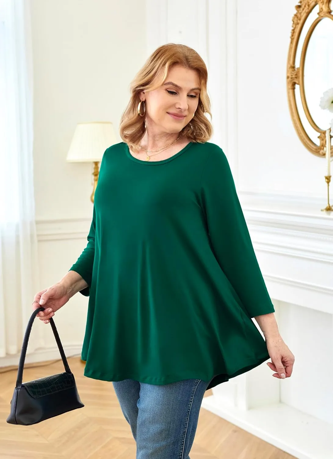 Tunic Tops for Women Plus Size 3/4 Sleeve Crew Neck Swing Flare Loose T-Shirt Blouses to Wear with Leggings