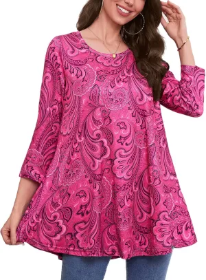 Tunic Tops for Women Plus Size 3/4 Sleeve Crew Neck Swing Flare Loose T-Shirt Blouses to Wear with Leggings