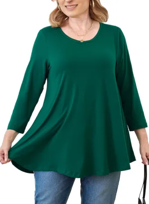 Tunic Tops for Women Plus Size 3/4 Sleeve Crew Neck Swing Flare Loose T-Shirt Blouses to Wear with Leggings