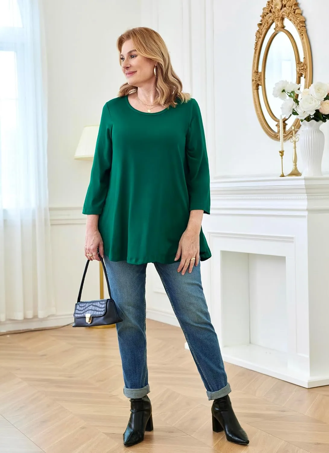 Tunic Tops for Women Plus Size 3/4 Sleeve Crew Neck Swing Flare Loose T-Shirt Blouses to Wear with Leggings