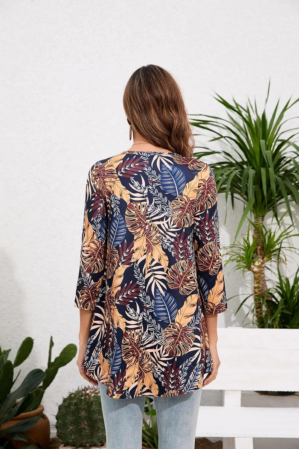 Tunic Tops for Women Plus Size 3/4 Sleeve Crew Neck Swing Flare Loose T-Shirt Blouses to Wear with Leggings