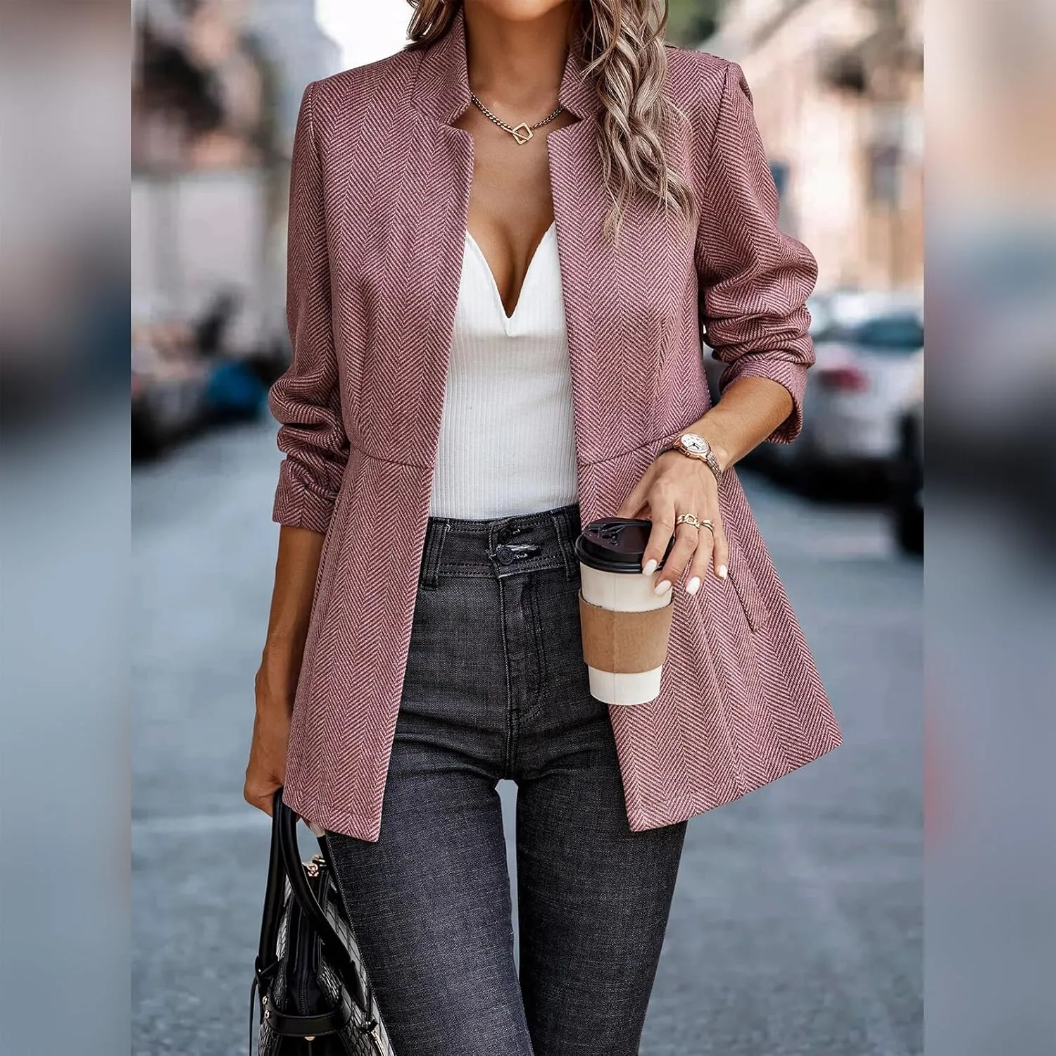 Tweed Blazers for Women Long Sleeve Open Front Jacket with Pocket Business Office Blazer