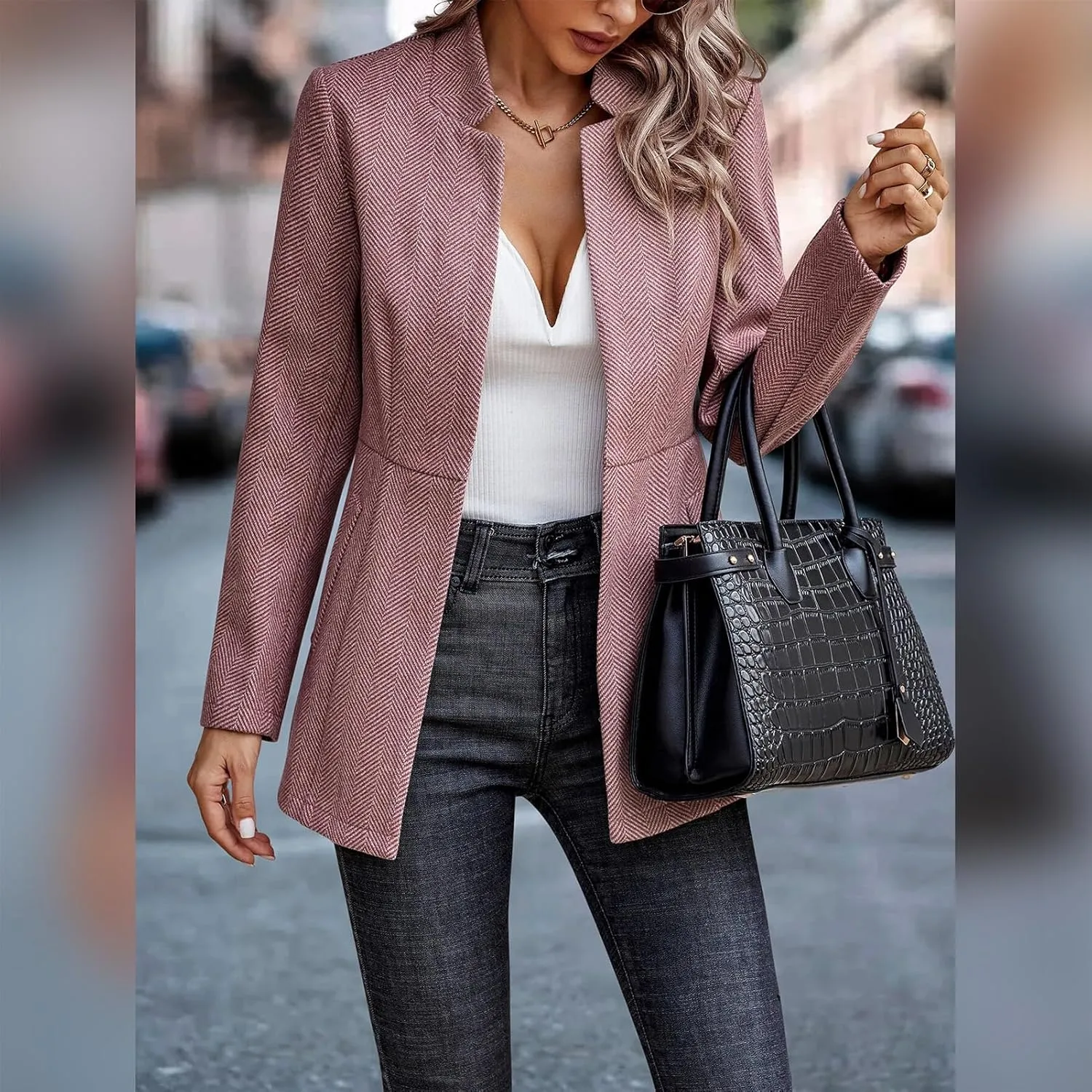 Tweed Blazers for Women Long Sleeve Open Front Jacket with Pocket Business Office Blazer