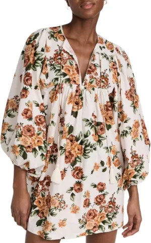 UAURORAO Women Boho Floral Babydoll Dress Puff Sleeve Ruffle Tunic Shirt Dress Flowy A Line Bohemian Short Sundress