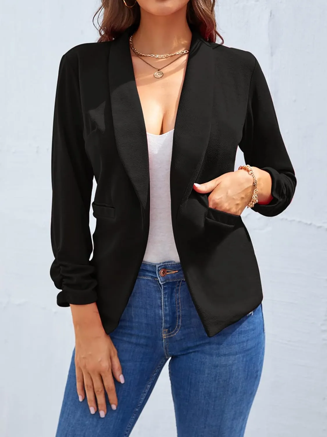 Unifizz Womens Casual Blazer Pockets Open Front Cardigan Work Office Jacket 3/4 Sleeve