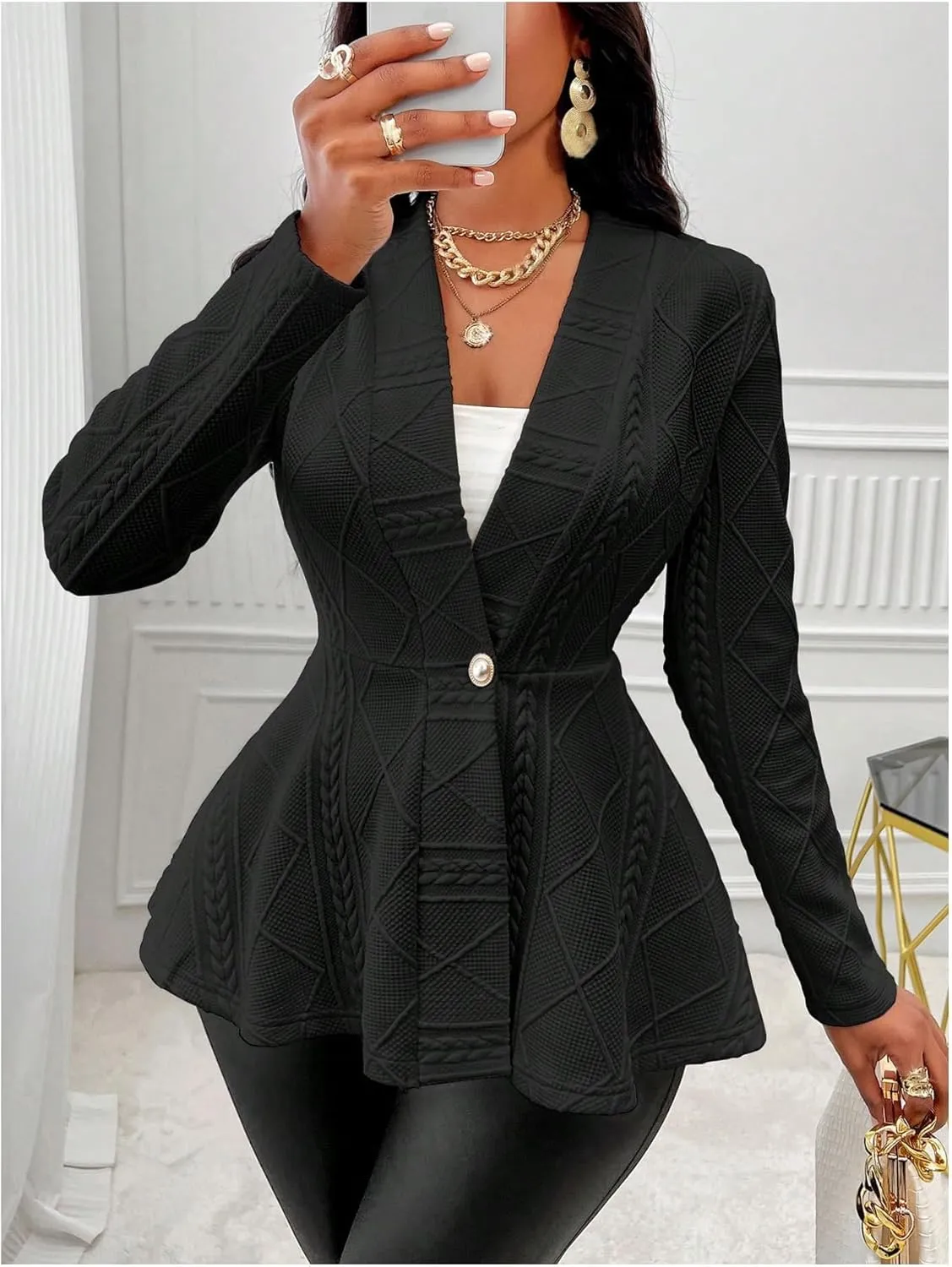 utcoco Women's 2025 Textured Peplum Blazers Business Casual Single Button Shawl Collar Long Sleeve Blazer Jacket