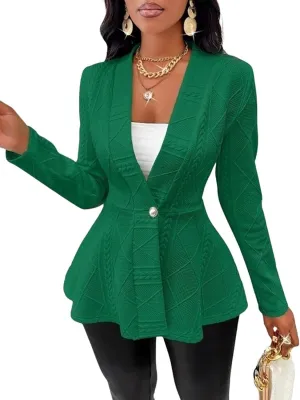 utcoco Women's 2025 Textured Peplum Blazers Business Casual Single Button Shawl Collar Long Sleeve Blazer Jacket