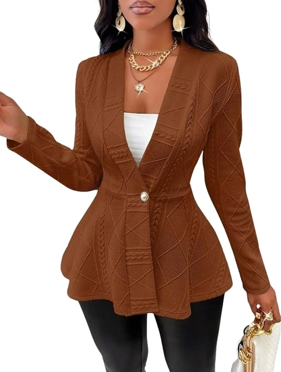 utcoco Women's 2025 Textured Peplum Blazers Business Casual Single Button Shawl Collar Long Sleeve Blazer Jacket