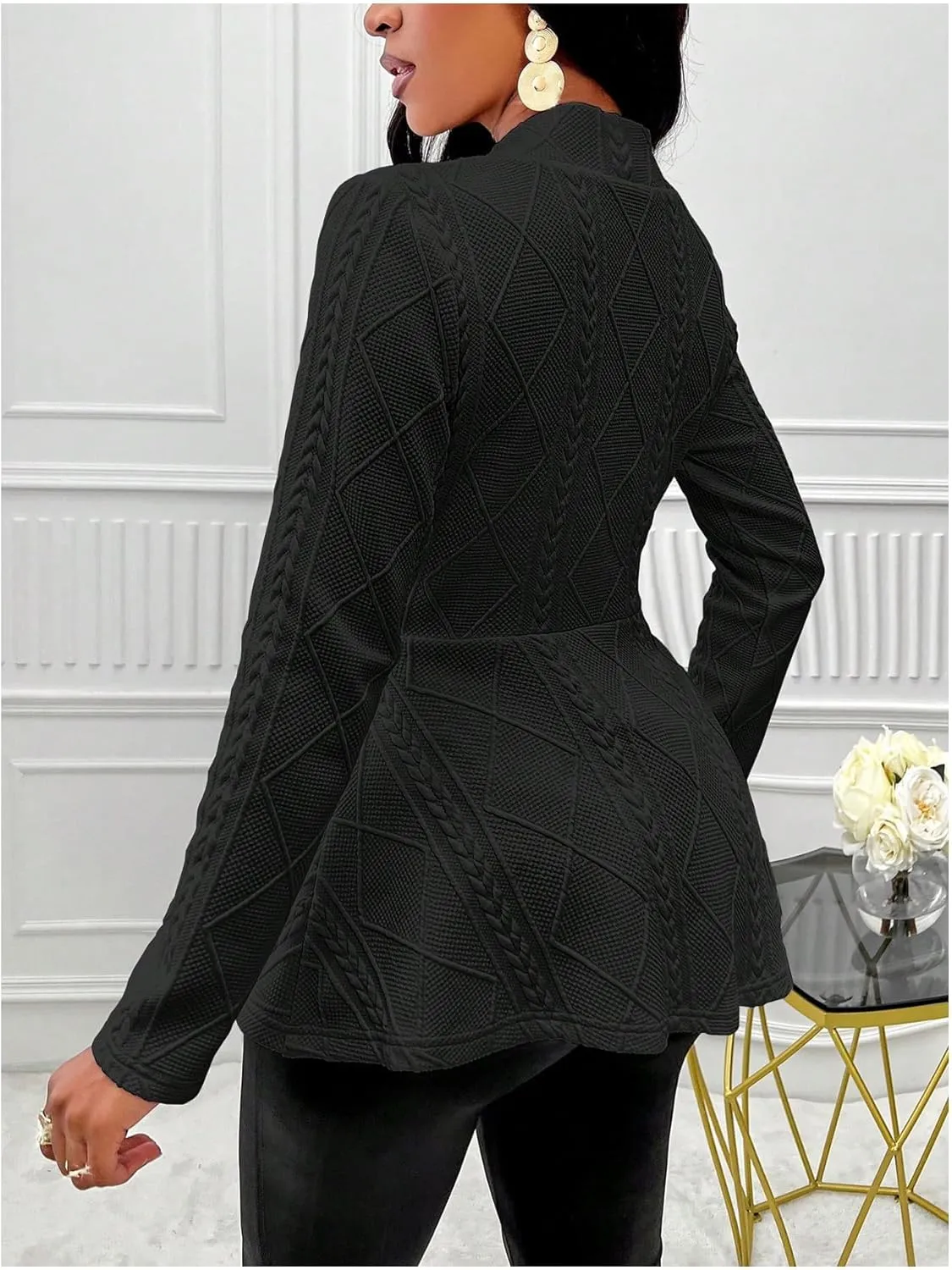 utcoco Women's 2025 Textured Peplum Blazers Business Casual Single Button Shawl Collar Long Sleeve Blazer Jacket