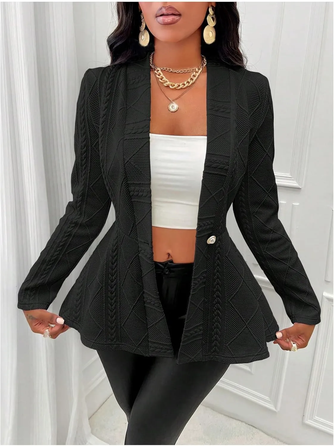 utcoco Women's 2025 Textured Peplum Blazers Business Casual Single Button Shawl Collar Long Sleeve Blazer Jacket