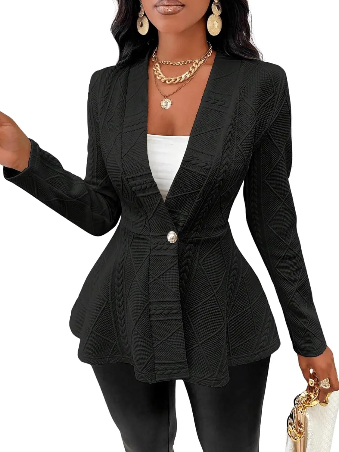 utcoco Women's 2025 Textured Peplum Blazers Business Casual Single Button Shawl Collar Long Sleeve Blazer Jacket