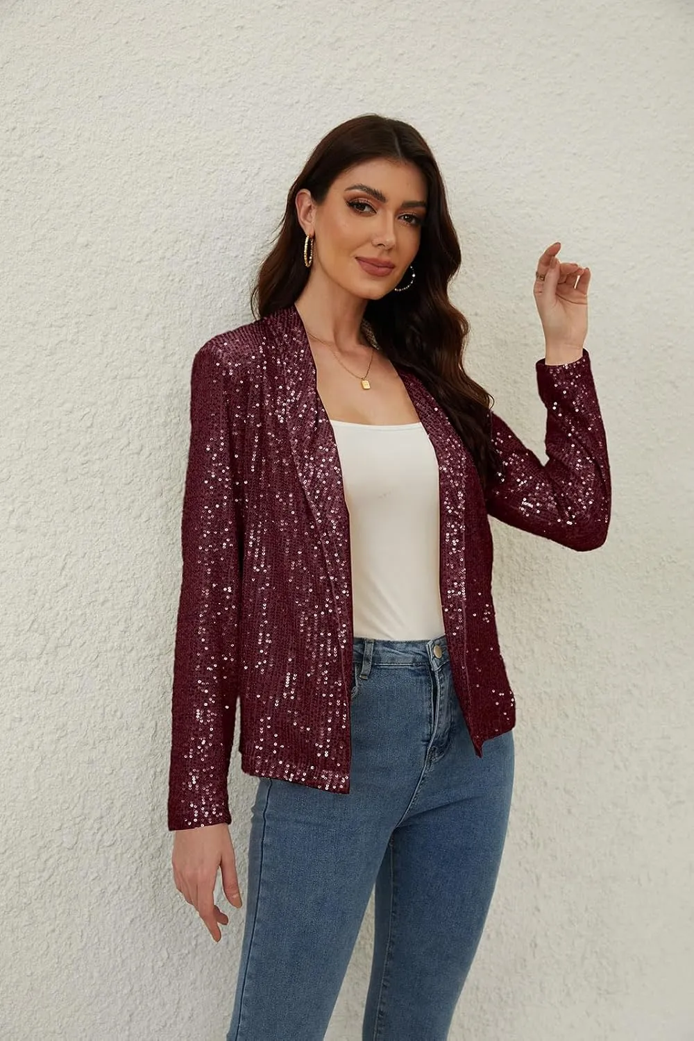 utcoco Womens Sequin Blazer Casual Long Sleeve Open Front Sparkle Blazer Jacket
