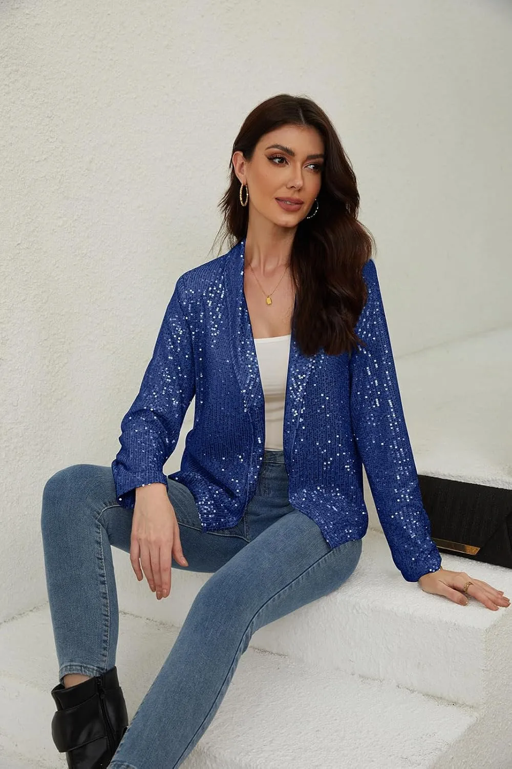 utcoco Womens Sequin Blazer Casual Long Sleeve Open Front Sparkle Blazer Jacket