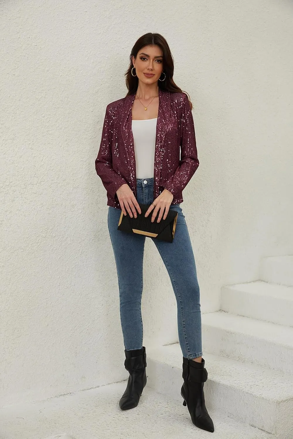 utcoco Womens Sequin Blazer Casual Long Sleeve Open Front Sparkle Blazer Jacket