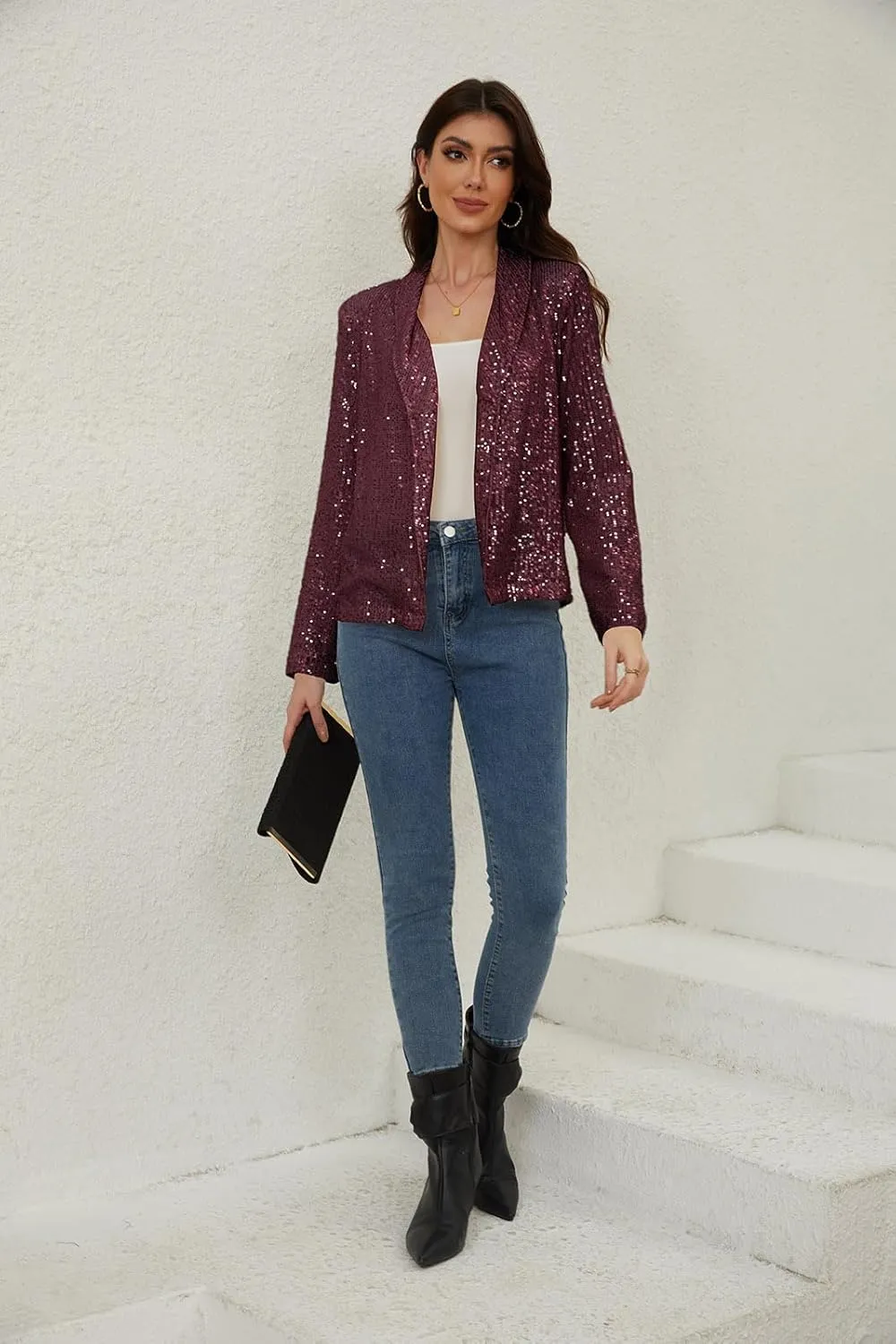 utcoco Womens Sequin Blazer Casual Long Sleeve Open Front Sparkle Blazer Jacket