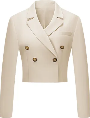 V VOCNI Women's Cropped Blazer Double Breasted Long Sleeve Business Casual Crop Jacket