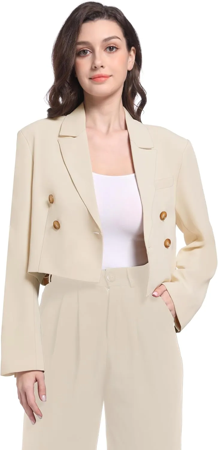 V VOCNI Women's Cropped Blazer Double Breasted Long Sleeve Business Casual Crop Jacket