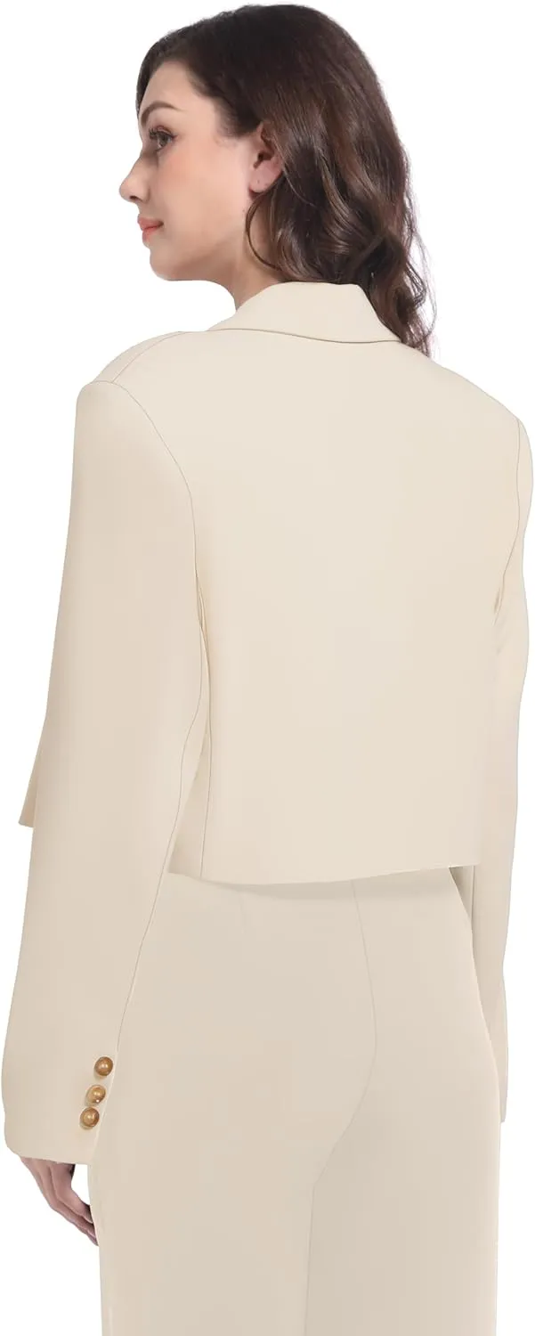 V VOCNI Women's Cropped Blazer Double Breasted Long Sleeve Business Casual Crop Jacket