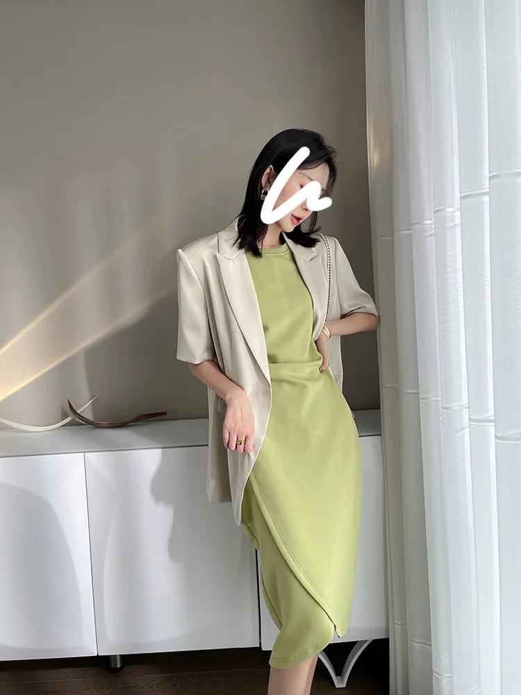 VenusFox Women Summer Dresses High Waist Minimalist Elegant T Shirt Slit