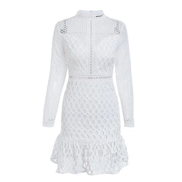 VenusFox Womens Elegant lace High waist long sleeve party sexy dress