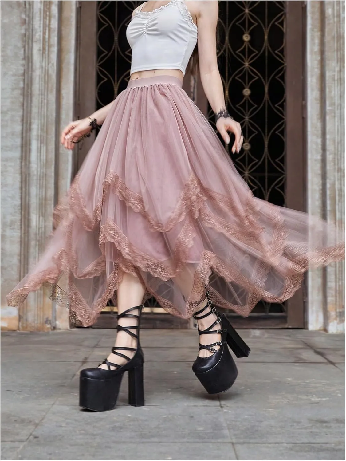 Verdusa Women's Asymmetrical Tulle Skirts Elastic High Waist Ruffle Tiered Mesh Long Skirt