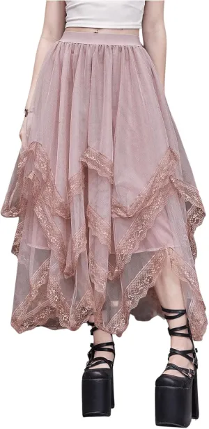 Verdusa Women's Asymmetrical Tulle Skirts Elastic High Waist Ruffle Tiered Mesh Long Skirt