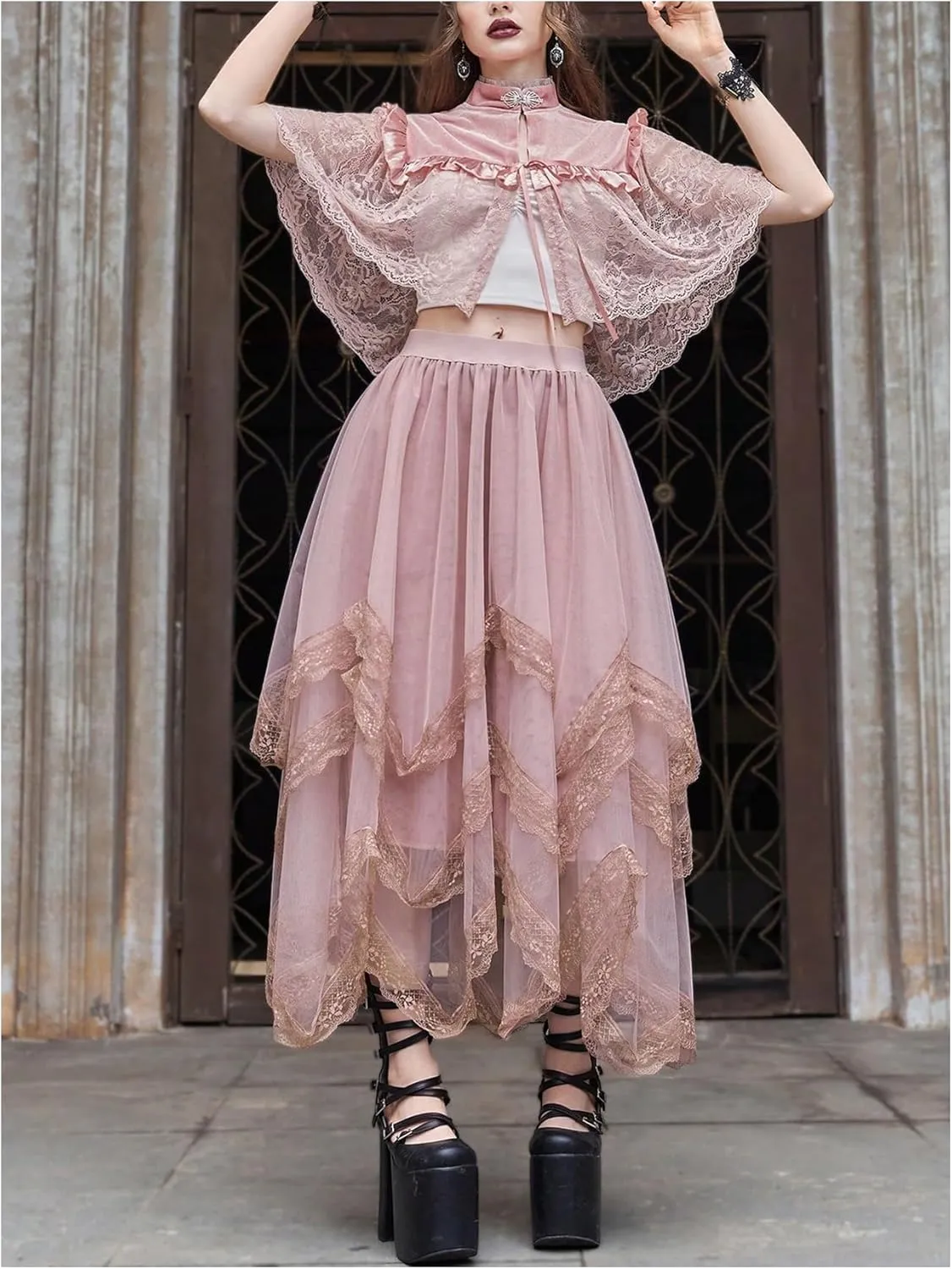 Verdusa Women's Asymmetrical Tulle Skirts Elastic High Waist Ruffle Tiered Mesh Long Skirt