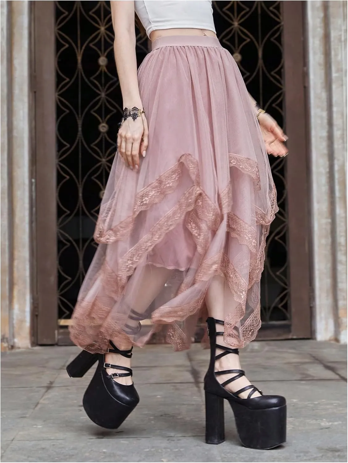 Verdusa Women's Asymmetrical Tulle Skirts Elastic High Waist Ruffle Tiered Mesh Long Skirt