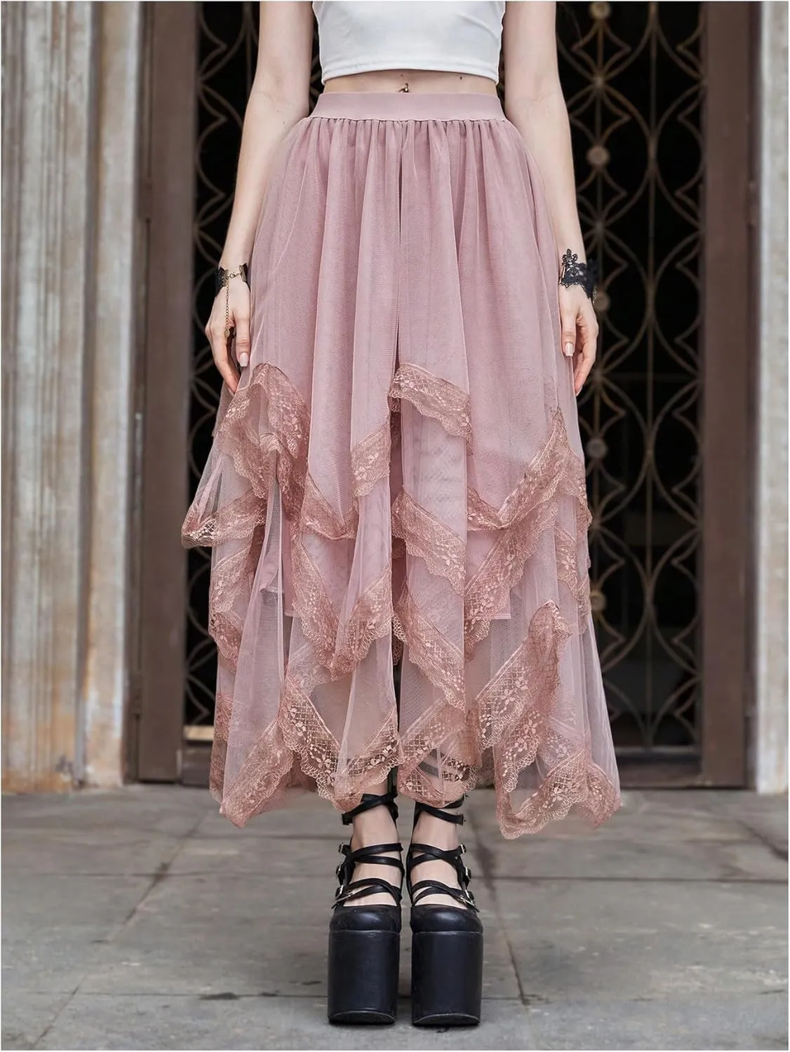 Verdusa Women's Asymmetrical Tulle Skirts Elastic High Waist Ruffle Tiered Mesh Long Skirt